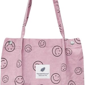 Pink Smiley Corduroy Tote Bags